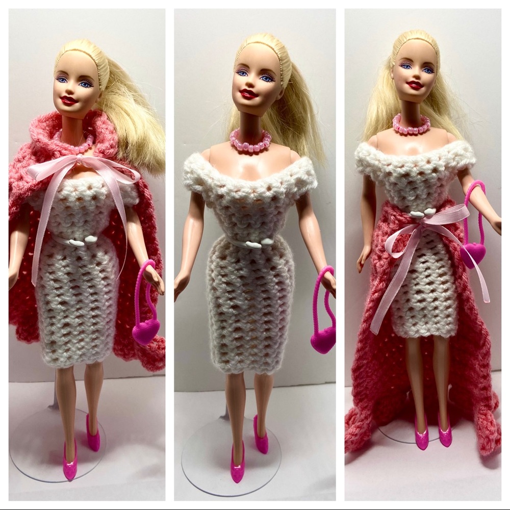 Handmade Crochet Barbie Dress Cape White And Pink